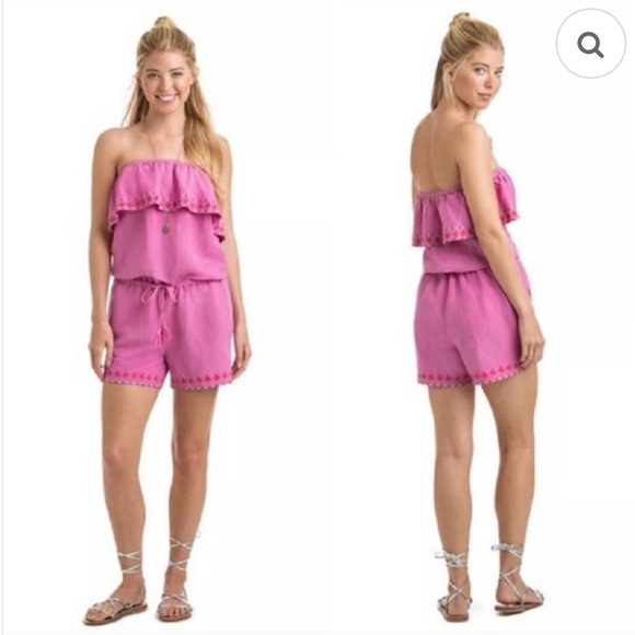 VINEYARD VINES Off Shoulder Ruffled Gauze Romper in Knockout Pink - Picture 1 of 15